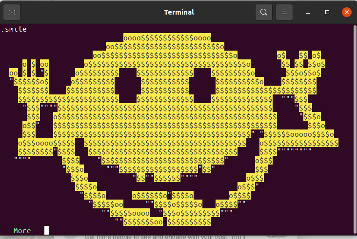 nixcraft's tweet photo. Step 1 - Type 'vim' at your Linux or Unix terminal

Step 2 - Type ':smile'

Step 3 - Enjoy vim Easter eggs.

Step 4 - Wonder how to exit from vim.

Step 5 - Cry

Step 6 - Unplug or do a hard reboot. or read the page https://t.co/RTOJZav9ax https://t.co/oA8NnqI0Ec