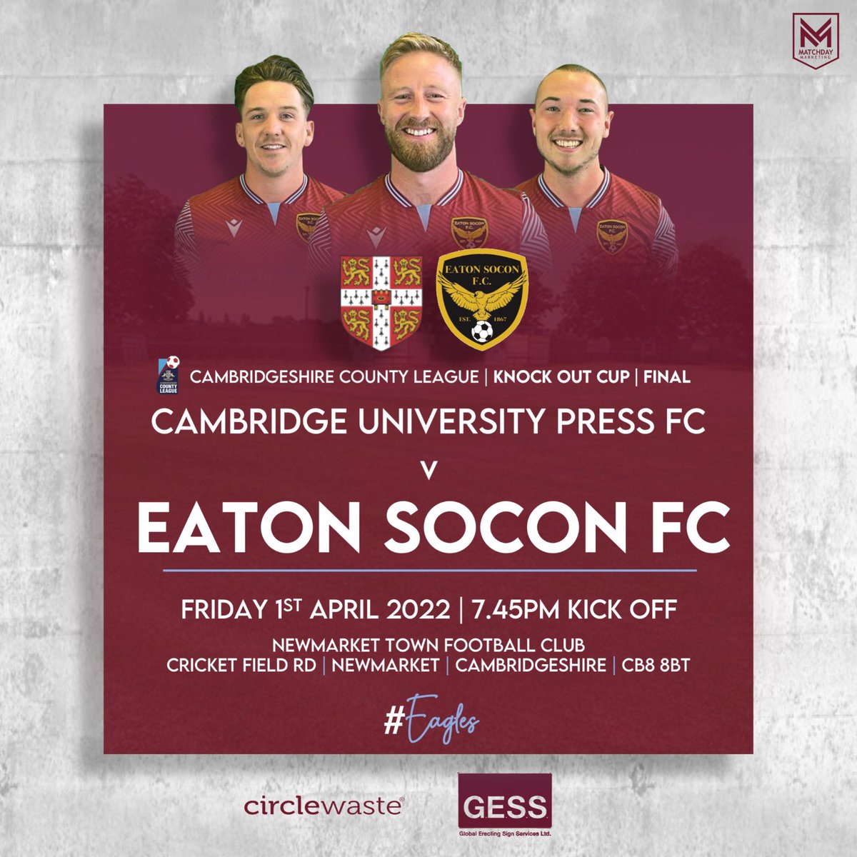 **CUP FINAL FRIDAY** 7.45pm KO at Newmarket Town FC the Eagles face <a href="/cupfc/">CUP FC</a> in the <a href="/CambsLeague/">Cambs County League</a> Cup Final. We are running a bus from Eaton at 5.30pm. Please message us to book. <a href="/CambsFA/">Cambridgeshire FA</a> <a href="/blackcatradio/">Black Cat Radio</a> <a href="/105Sport/">Cambridge 105 Radio Sport</a> <a href="/squeezefootball/">Squeeze</a> <a href="/Matchday_Mkt/">Matchday Marketing</a>