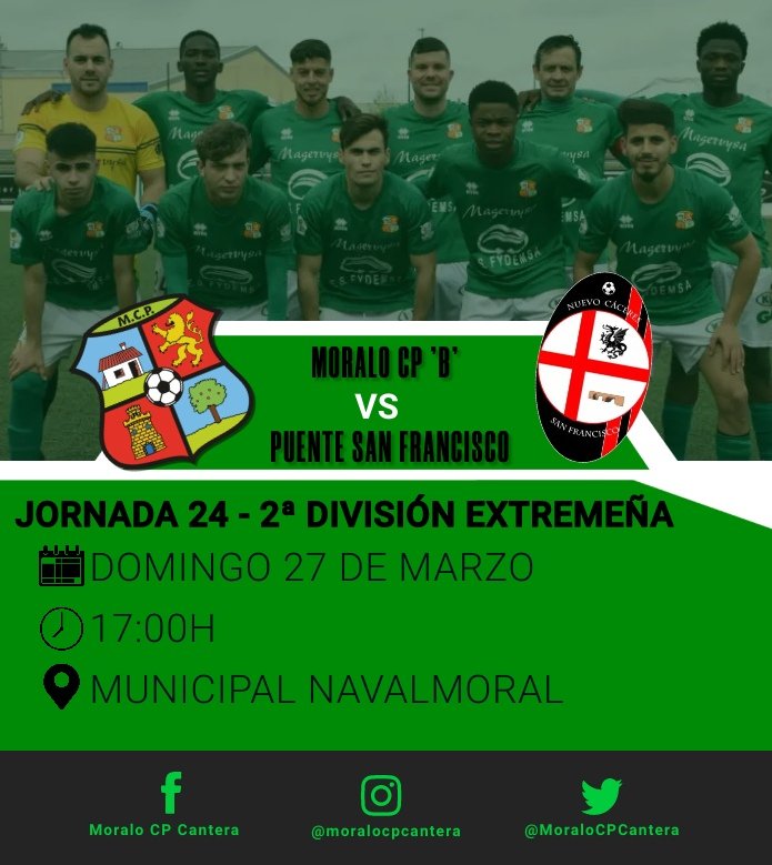 Esta tarde es el turno de nuestro filial. Partidazo en casa en busca de asaltar el primer puesto de la clasificación.

¡¡NECESITAMOS TU APOYO!!

➡️ Jornada 24 | 2ª División Ext.
📅 Domingo 27 de Marzo
⏰ 17.00H
🆚 <a href="/CdNuevocc/">C.D. Nuevo Cáceres San Francisco</a>
🏟️Municipal Navalmoral de la Mata

#MoraloB