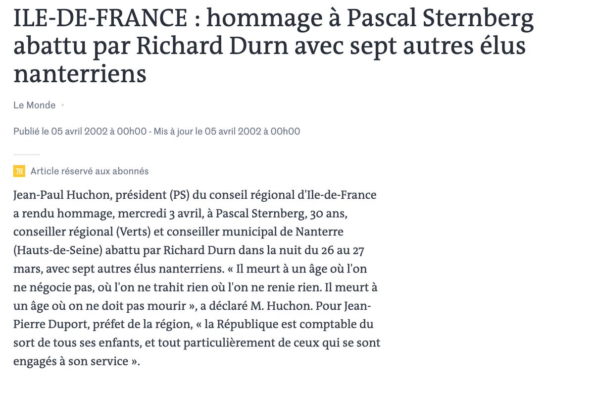 mdesgayets's tweet photo. 5/6 Parmi les victimes figurait Pascal Sternberg, conseiller régional Les Verts d’@iledefrance. 
Elu à Suresnes puis à Nanterre en 2001, il était devenu conseiller régional à 30 ans.
Son nom avait été donné à une salle de l'ancien siège de la @RegionIDF dès 2002. 
 
#27mars2002. https://t.co/Z76ynLznvD