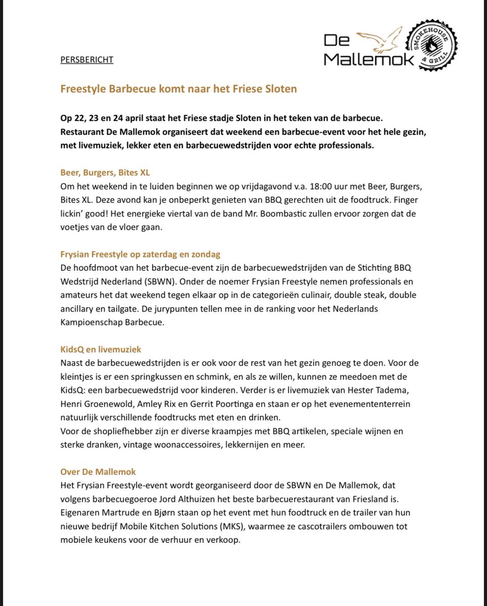 SlotenFriesland's tweet image. Voor het eerst komt het Freestyle BBQ-Event naar het Friese Sloten in het weekend van 23-24 april. Dit wordt georganiseerd door de Stichting barbecue wedstrijd Nederland (SBWN).
Professionals en amateurs nemen het dat weekend tegen elkaar op in diverse categorieën. #persbericht