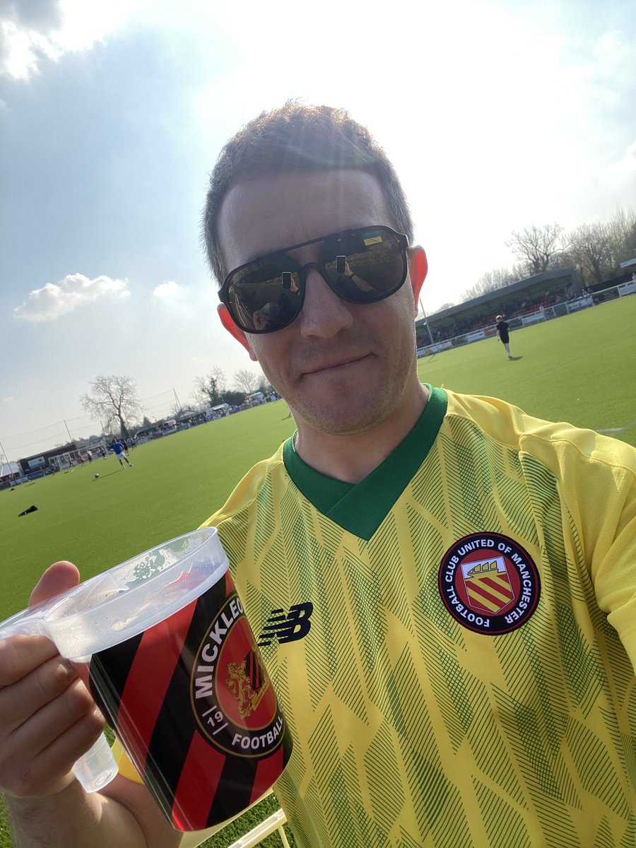 Jimvincible's tweet photo. @classicshirts @nonleaguedayuk Cheering on FC Utd during a 3-3 draw away at Mickleover Sport. Sun, beer and non-league football, what more could you want? https://t.co/ETK8US24v4