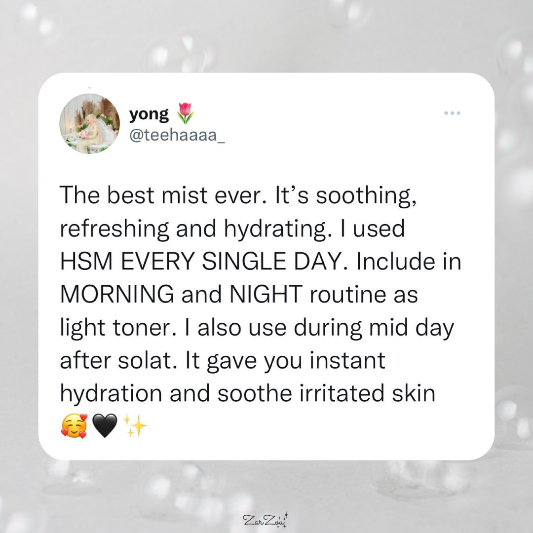 mieracart's tweet photo. Face mist HSM sama macam laneige??!! 

Omg yessss this is genuine feedback from our customers! 

HSM ni bukan setakat bagi instant hydration + boleh soothe irritated skin je tapi can work as setting spray jugak‼️

It gives you dewy natural look and no more cakey makeup yaaaa😍☝🏻 https://t.co/93v45UdVKR