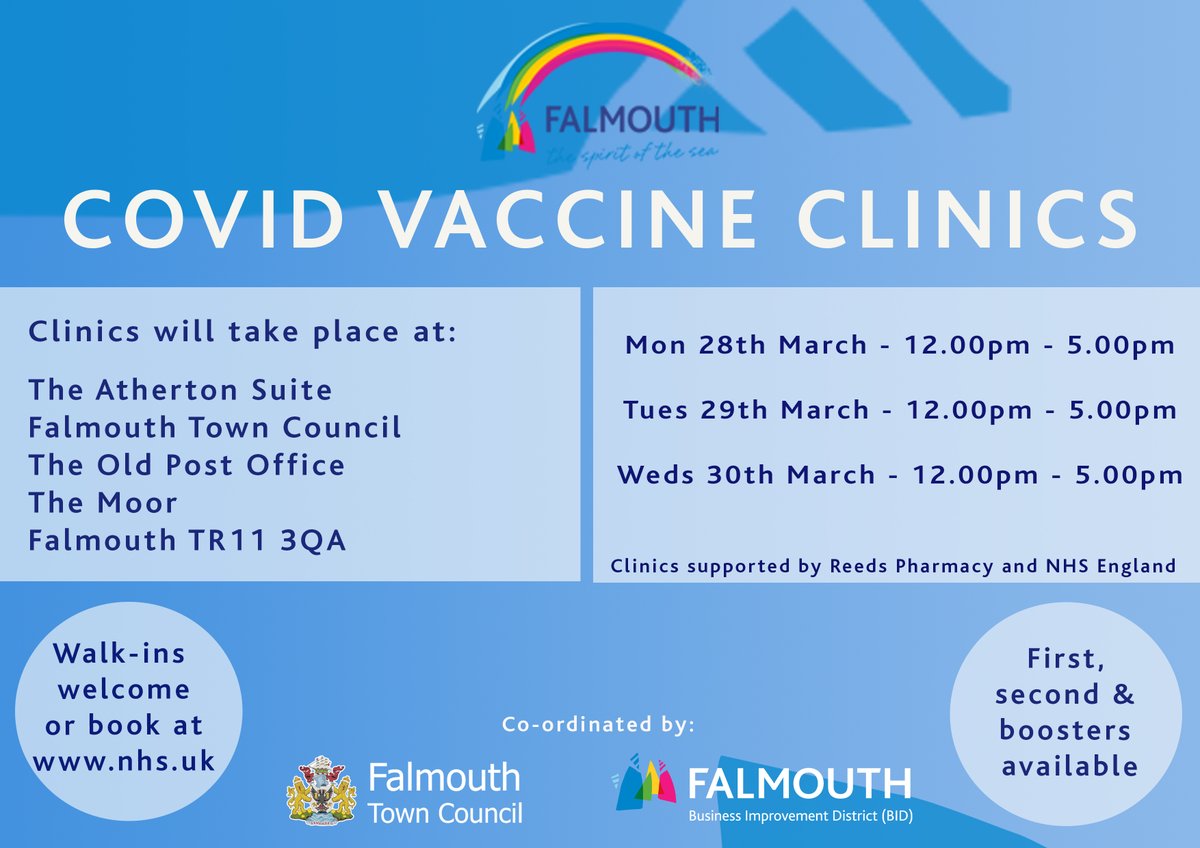 FalmouthTownUK's tweet photo. Here's your weekly Covid clinic update. Once again, there are two additional clinics this week so even more opportunities to get vaccinated. See the poster for details of days and times #lovefalmouth #doitforcornwall #reedspharmacy #nhsengland https://t.co/Q1xwW9yQgI