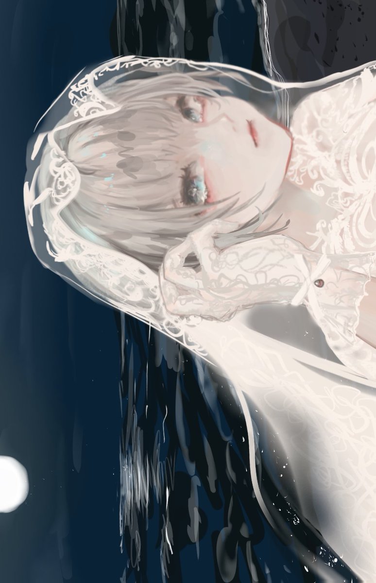 1girl solo veil sideways looking at viewer moon grey hair  illustration images