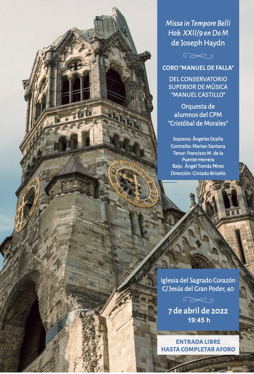 cmfsevilla's tweet photo. El próximo 7 de abril a las 19:45 en colaboración con la Orquesta de alumnos del @CMConservatorio y la Pastoral Juvenil del Arzobispado de Sevilla os ofrecemos la Missa in Tempore Belli de Joseph Haydn. Os esperamos https://t.co/TqRSbotQpD