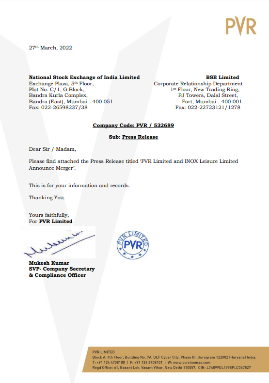 ANI's tweet photo. PVR and INOX announce their merger. https://t.co/Z24VZogJi8