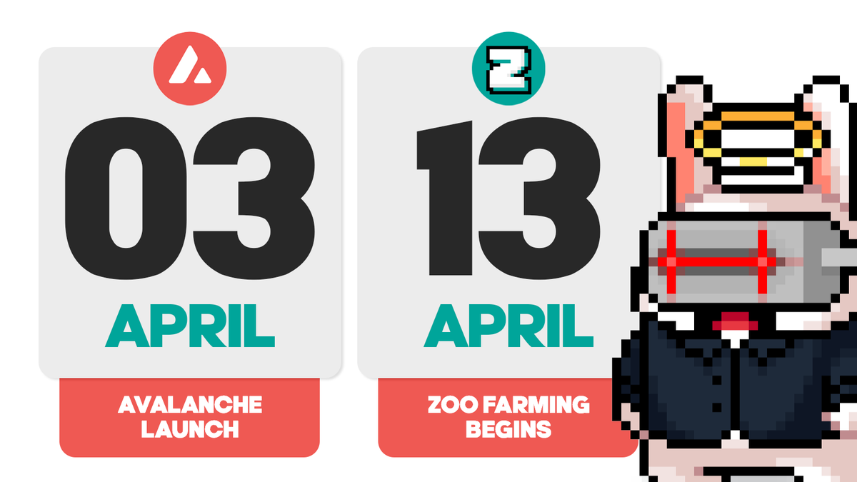 📢  It's time: @ZooEcosystem meets @avalancheavax

April 3rd ➡️ #AVAX launch, prepare your LPs at @traderjoe_xyz and <a href="/pangolindex/">Pangolin (PangoPerps is out!)</a>

April 13th ➡️ Farming starts on ZooKeeper.finance

And that's how the #MultiChain (snow)ball gets rolling...