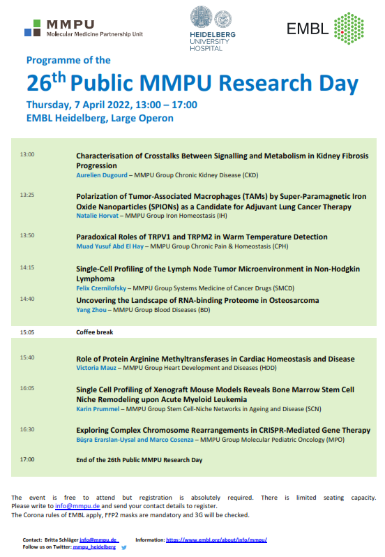 MMPU_Heidelberg's tweet photo. Join us on April 7th, 2022: 26th Public #MMPU Research Day @embl. Eight presentations on translational #medicine from @uniklinik_hd and #embl scientists.
Register here: info@mmpu.de https://t.co/JIawvUOklA