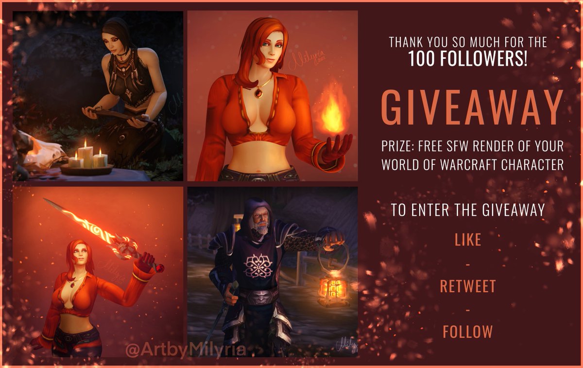 3DbyMilyria's tweet photo. Aaah, I actually reached the first big 100 followers!! I'm so excited and as a thank you for all of the wonderful support I'm celebrating with a ✨GIVEAWAY!✨

To enter: 
Like + Retweet + Follow

✨Random winner will be picked the 10th of April✨
Prize: SFW Render of 1 WoW OC. https://t.co/hP4sE4iBQV