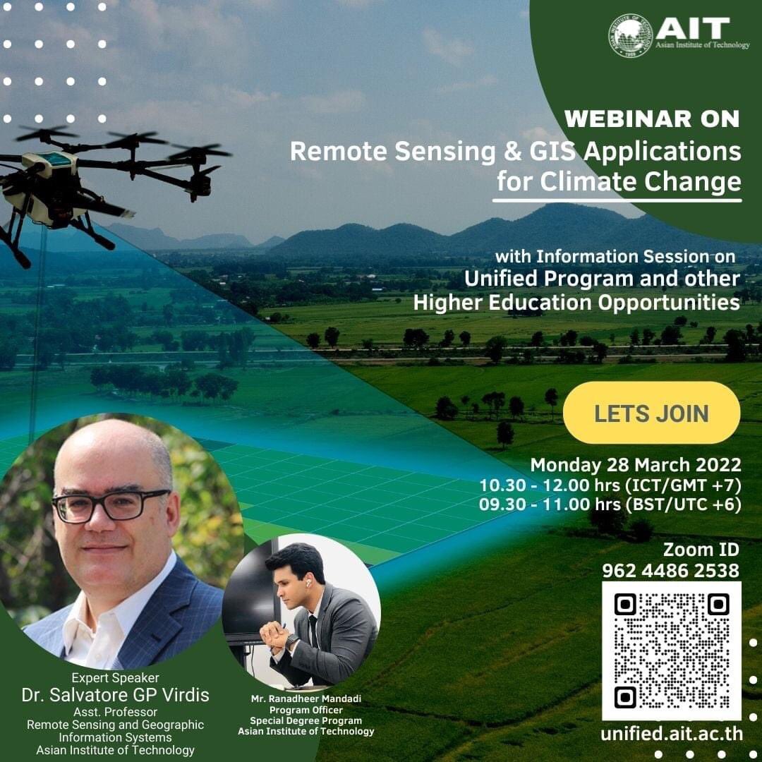 AITunified's tweet photo. Learn how Remote Sensing &amp; GIS can be used for Climate Change information and in research in a variety of ways!
with Information Session on Unified Programs and other higher education opportunities
Monday 28 March 2022 10:30 AM Bangkok time
Register here: https://t.co/2hrFyr4ggO https://t.co/bbIxJN6FIL