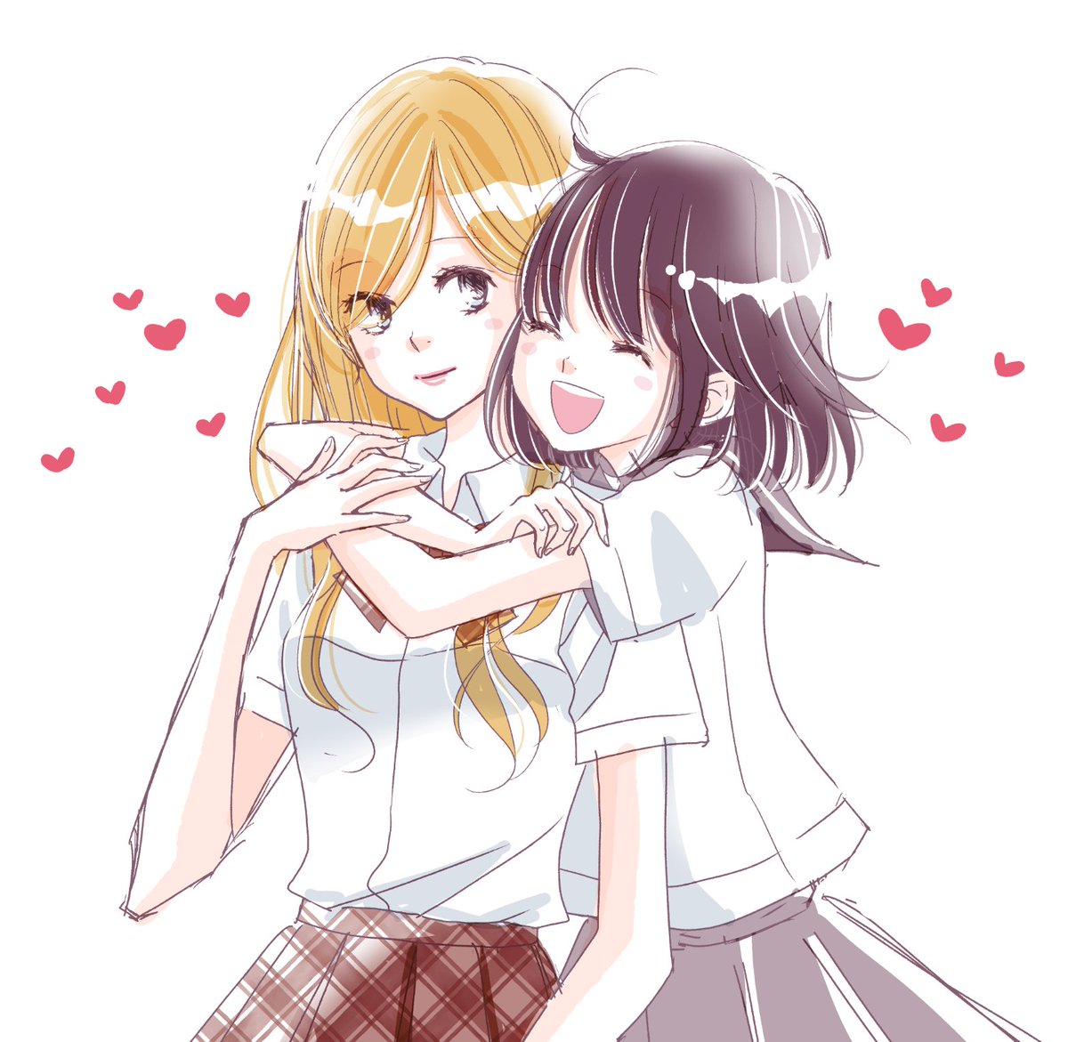 multiple girls 2girls school uniform blonde hair yuri hug heart  illustration images