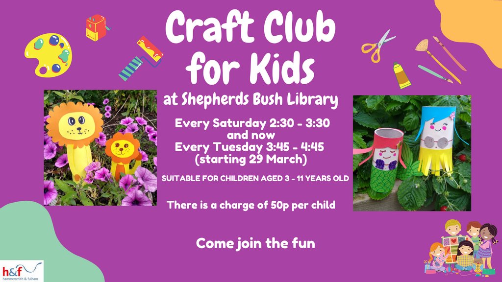 LBHFLibraries's tweet photo. Shepherds Bush Library's Craft Club for kids will also be running every Tuesday starting from Tuesday 29 March 3:45-4:45

#CraftClub #Kidscrafting #Creative #ArtsandCrafts #ShepherdsBushLibrary https://t.co/0WYuBkezgQ