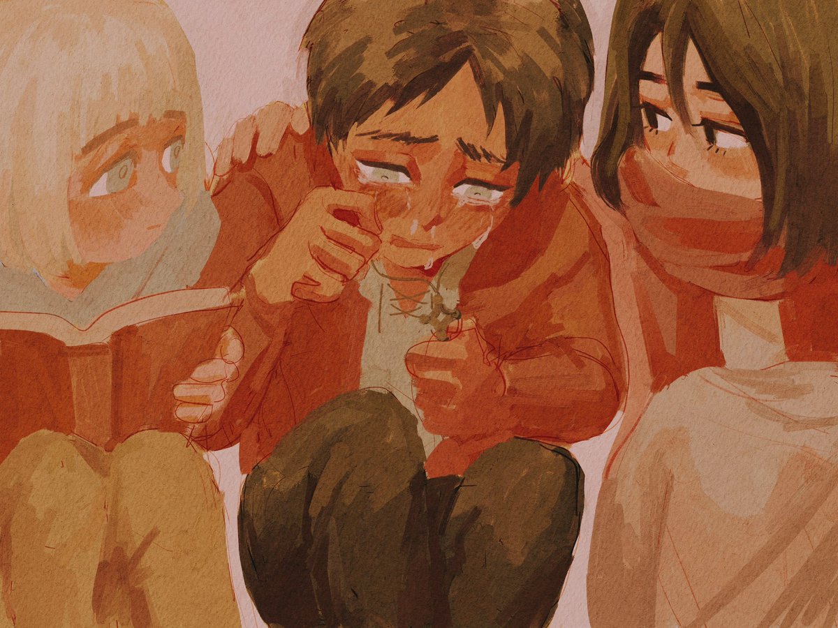 eren yeager ,mikasa ackerman book crying 2boys scarf multiple boys tears short hair  illustration images