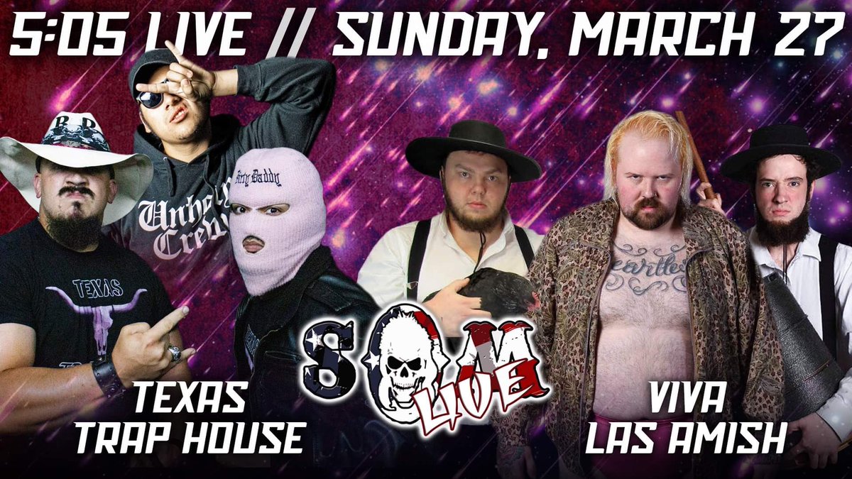 JOIN US TODAY FOR A LIVE TV TAPING OF 5:05 LIVE!

Viva Las Amish takes on The Texas Trap House for the FIRST TIME EVER in a six man tag team match!

‼️OPEN TO THE PUBLIC‼️

Location: 2085 Chuckey Hwy Chuckey, TN

Tix: ONLY 💲5️⃣