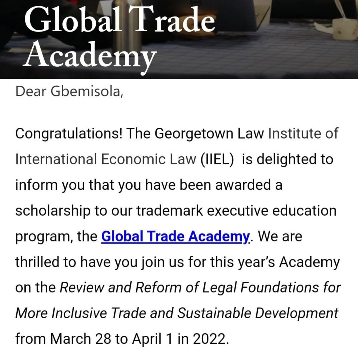Gbemiosadua's tweet photo. Most grateful to the @Georgetown University Institute of International Economic (IIEL) for this full tuition scholarship award. Looking forward to an intense and rewarding week of learning 💫 https://t.co/xb8mf734My
