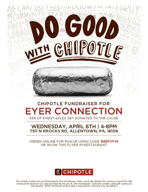 EPSDEyer's tweet photo. Chipotle and Eyer what could be better! On Wednesday, April 6th Eyer Connection is hosing a Chipotle Fundraiser. More info on the attached flyer. #OneEyer #EastPennPROUD https://t.co/B9sipDYNRb