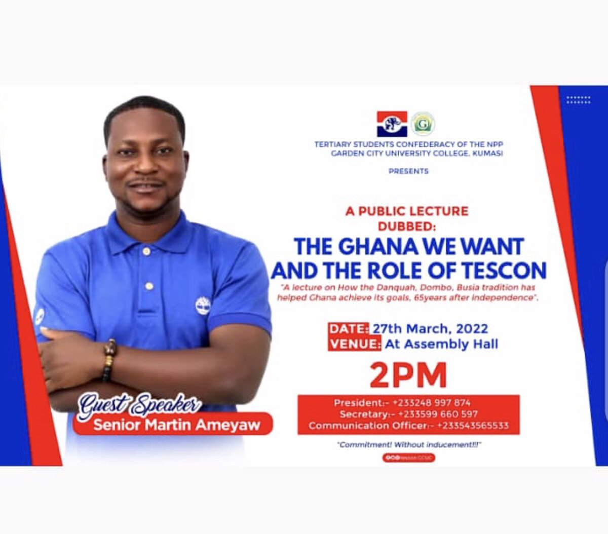 Gen_Buhari_'s tweet photo. Join the Next Ashanti Regional Youth Organiser @wisemart2010 Martin Ameyaw at Garden City University College-Kumasi, this afternoon as a guest speaker! 

#PerfectReplacement 
#ServiceWithHumility 
#AgendaForJobsAndRecognition https://t.co/sK47oPKukW