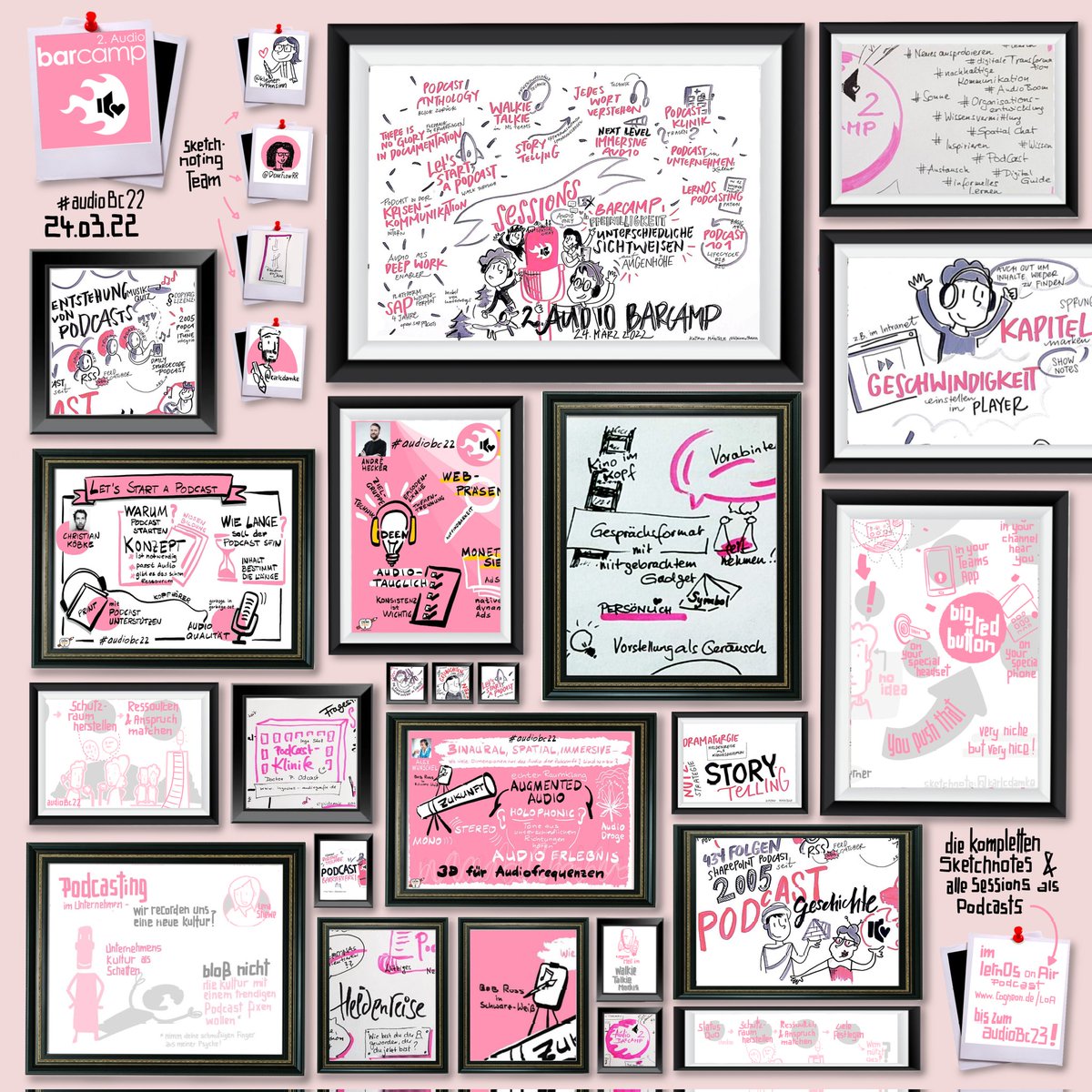 Hier ist noch eine Collage unserer #Sketchnotes vom #audiobc22. Danke an alle Session-Geber! Die Aufzeichnungen zum Nachhören könnt ihr bei @audiobc22 finden.  #teamwork #collaboration #podcast
