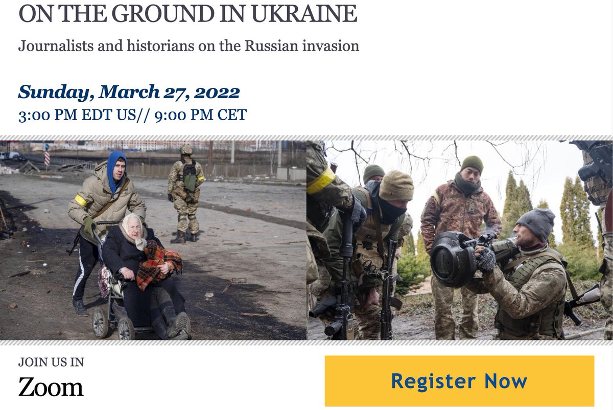 ON THE GROUND IN #UKRAINE 

Today, 9:00 PM CET

In conversation with Ruslan Kavatsiuk, Deputy CEO of 
<a href="/babynyarhmc/">Babyn Yar Holocaust Memorial Center</a>, <a href="/timjudah1/">Tim Judah</a>, correspondent for 
<a href="/TheEconomist/">The Economist</a>, Dr. Marta Havryshko, historian at Ukrainian National Academy of Sciences.

Register here: cmu.zoom.us/webinar/regist…