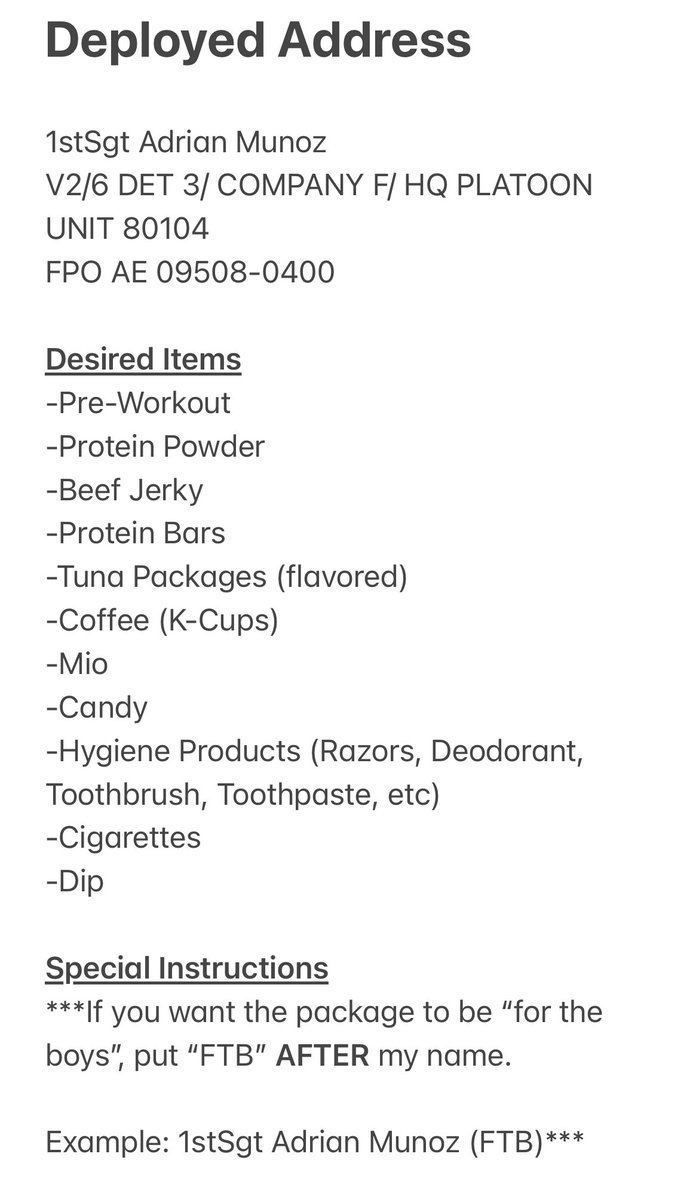 ALAC_LLC's tweet photo. Twitter family, 

As we PREPARE TO DEPLOY, many of you have expressed a desire to send CARE PACKAGES, which will prove to be INSTRUMENTAL in SUSTAINING our team’s MORALE.

For that, we express our deepest gratitude…

THANK YOU, SF, and PLEASE feel free to SHARE THIS POST!!! https://t.co/HpAHDiYW10