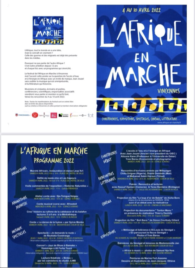 NgongaMarie's tweet photo. L’Afrique en marche 7e édition. Du 4 au 10 avril 2022, venez rencontrer celles et ceux qui font l’Afrique d’aujourd’hui et de demain. Au programme : rencontres littéraires, marché solidaire, défilé de mode, projections ciné, expos, spectacles et animations pour les enfants. https://t.co/OW6oAZLaJv