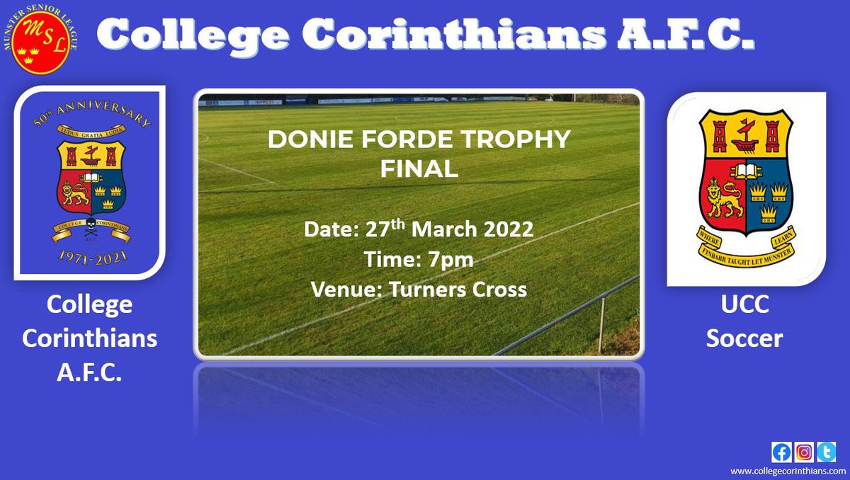 <a href="/collegecors/">College Corinthians</a> Senior team are in Turners Cross this evening Sunday night 7pm when they take on <a href="/UCCSoccer/">UCC Soccer</a> in the final of the Donie Forde Cup. Games between UCC &amp; Corinthians are always special taking on the atmosphere of a local derby. Please come along &amp; support the team ⚽⚽⚽