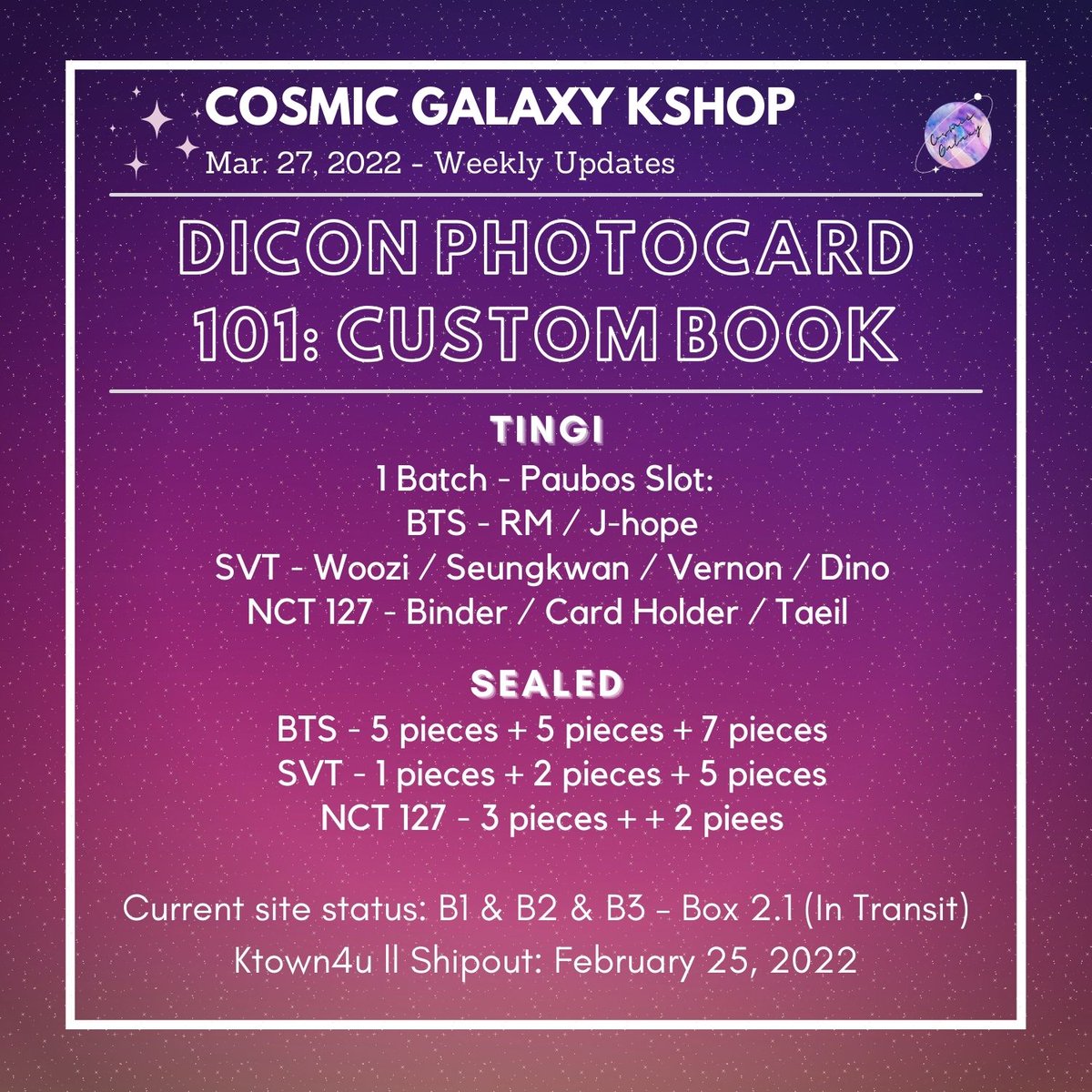 CGKShop's tweet photo. #CG_WeeklyUpdates
March 27, 2022 - Weekly Updates
🌟EN- MemKit
🌟BP Special Gift
🌟NCT 2021 Universe
🌟DICON PC 101: Custom Book
🌟Fromis_9 MG Hand Signed
💟For ongoing lapags:
check #/CG_Ongoing
💟For weekly proofs:
check #/CG_WeeklyProofs
💌DM for concerns and clarifications https://t.co/YXYf52ceEx