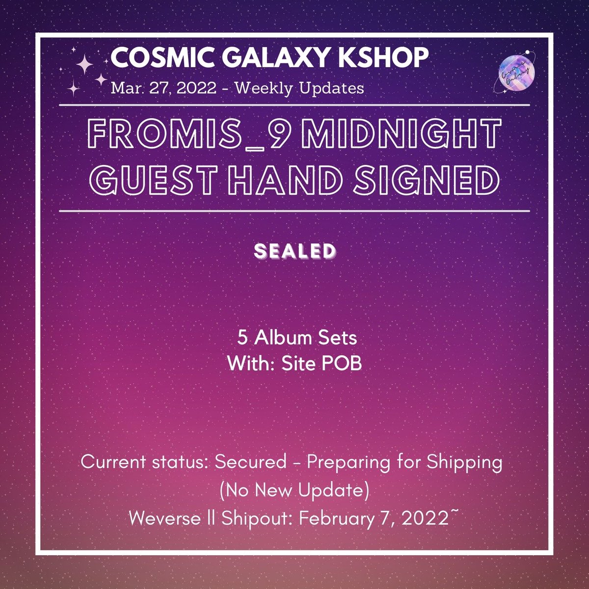 CGKShop's tweet photo. #CG_WeeklyUpdates
March 27, 2022 - Weekly Updates
🌟EN- MemKit
🌟BP Special Gift
🌟NCT 2021 Universe
🌟DICON PC 101: Custom Book
🌟Fromis_9 MG Hand Signed
💟For ongoing lapags:
check #/CG_Ongoing
💟For weekly proofs:
check #/CG_WeeklyProofs
💌DM for concerns and clarifications https://t.co/YXYf52ceEx