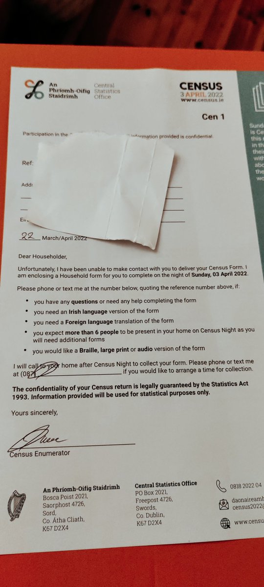 I guess I won't be contacting to arrange a time for collection. Don't even have a name for this person.... #census2022 #censusireland