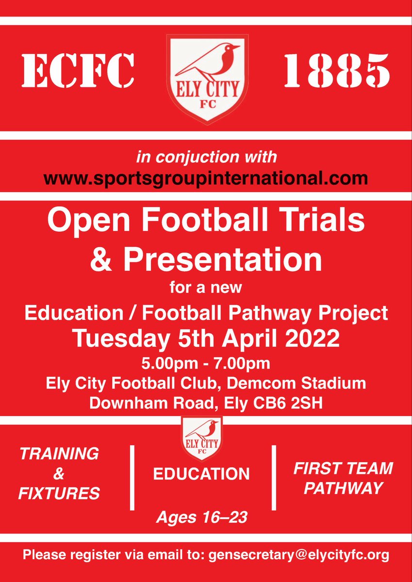 Ely City FC (@elycityfc) on Twitter photo 🔴 Introduction to our new Education / Football Pathway project will be on Tuesday 5th April 2022 comprising of a practical football session on the pitch - 17.00-18.15 and then a presentation of the project in the bar 18.15-19.00.
To register email: gensecretary@elycityfc.org 🔴 Introduction to our new Education / Football Pathway project will be on Tuesday 5th April 2022 comprising of a practical football session on the pitch - 17.00-18.15 and then a presentation of the project in the bar 18.15-19.00.
To register email: gensecretary@elycityfc.org