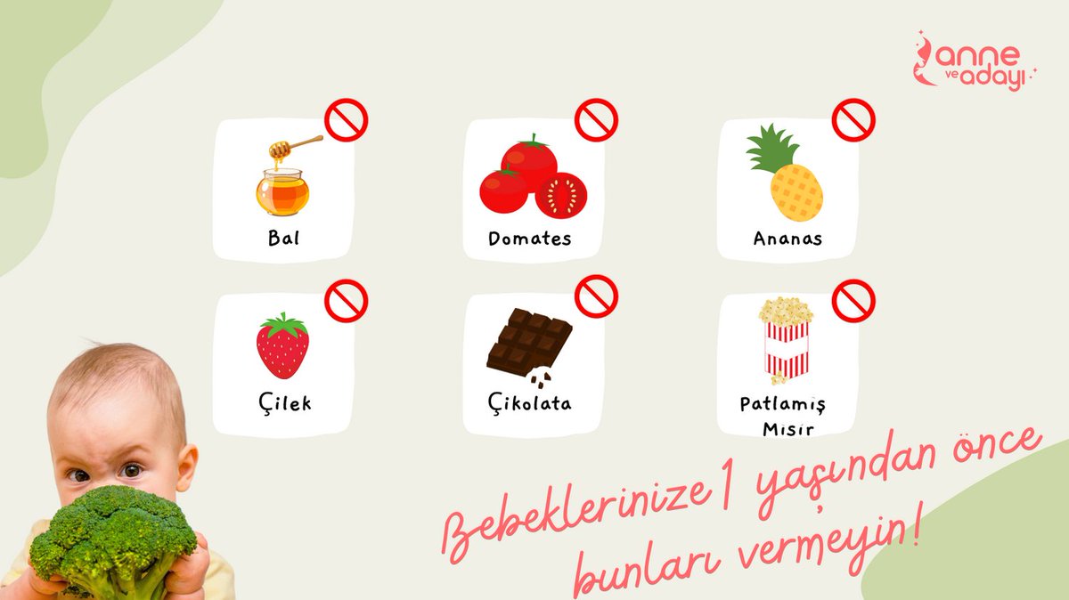 Bebeklerinize 1 yaşından önce bunları vermemenizi öneriyoruz!

👉🏻Bal
👉🏻 Domates
👉🏻Ananas 
👉🏻Çilek 
👉🏻Çikolata 
👉🏻Patlamış mısır

Sizlerin bunlar dışında bildiğiniz besinler var ise bizle paylaşın!

#bebeğim #minikbebeğim #hamilekadın #anne #hamile #bebeklereyemekler #bebek