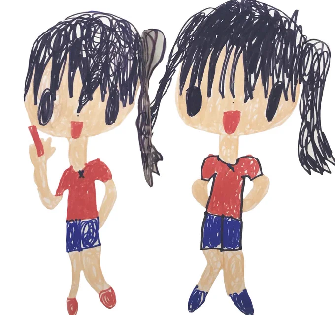 幼稚園の頃に描いた絵を見つけたのでリメイクしてみました立派な百合好きに成長しました。←約15年前の絵 現在→ 