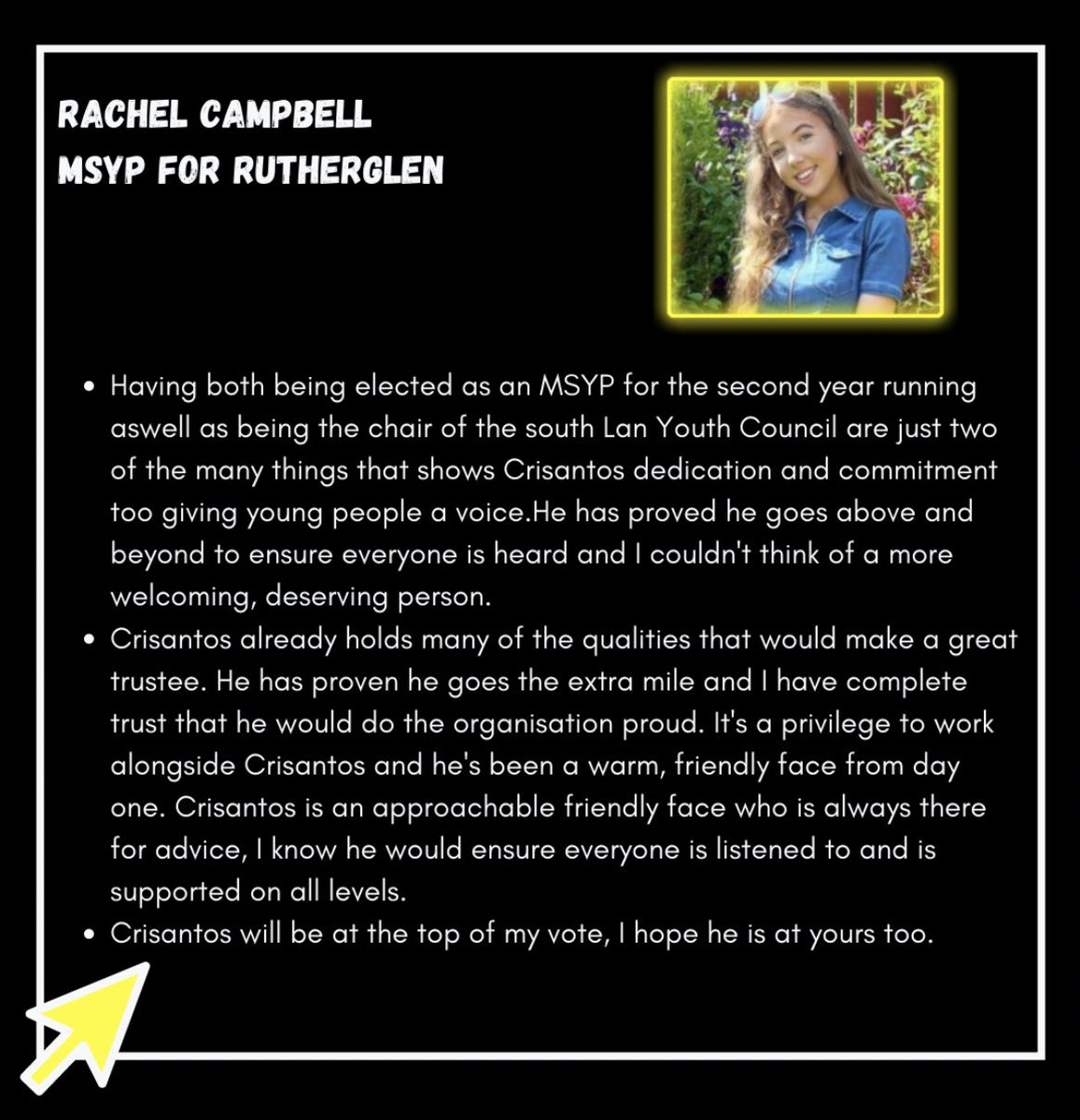 <a href="/RachelCMSYP/">Rachel Campbell</a> thanks again for the endorsing me! #clickoncris 

I haven’t worked with Rachel for a long time but I know we are doing a great job in representing our area- that’s why having her support is amazing! 

This is what she says about me⬇️💛