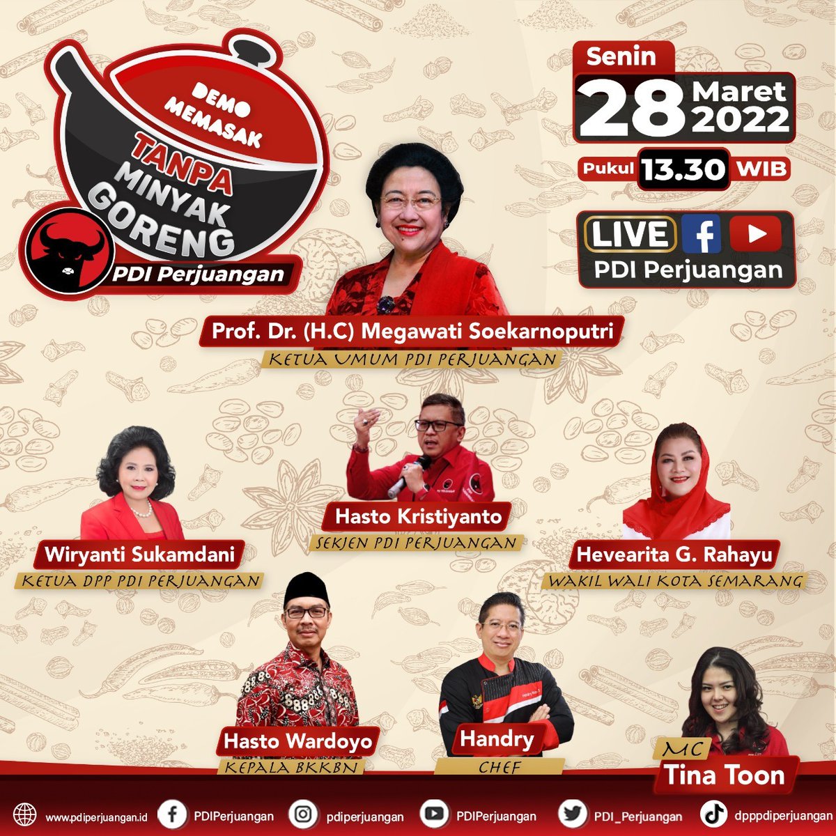 Saksikan Demo Memasak Tanpa Minyak Goreng, Senin, 28 Maret 2022. Ketua Umum PDI Perjuangan Ibu Megawati Soekarnoputri akan memberikan arahan.

Disiarkan langsung dari Sekolah Partai PDI Perjuangan, mulai pukul 13.30 WIB, di YouTube serta Facebook fan page PDI Perjuangan...