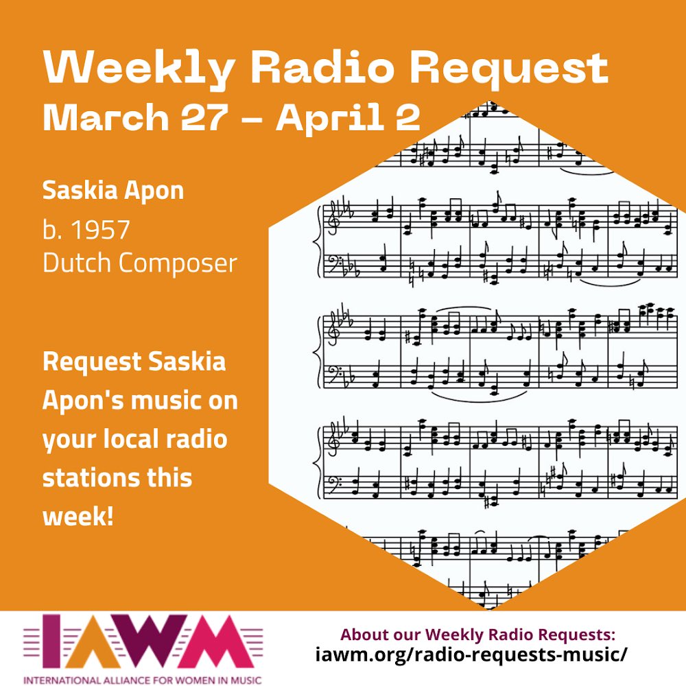 iawmcommunity's tweet photo. This week, we invite you to join us in calling your local radio stations and requesting music by Dutch composer Saskia Apon!

#iawmcommunity #iawm #radiorequest #music #womeninmusic #musicbywomen #femalecomposer #saskiaapon #internationalallianceforwomeninmusic https://t.co/O8PbA539Tw