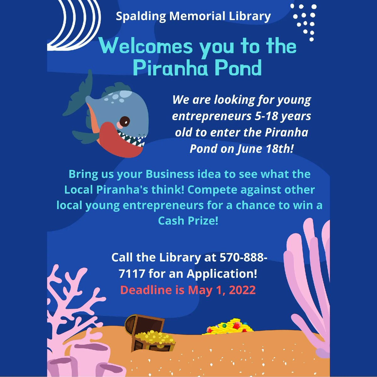AthensBusiness's tweet photo. The @SpaldingLibrary is looking for young entrepreneurs (5-18 years old) to enter their "Piranha Pond" competition on June 18th! Call the Library at 570-888-7117 or your application! #abamembers #athensbusinessassociation https://t.co/HlQZPHQuOY
