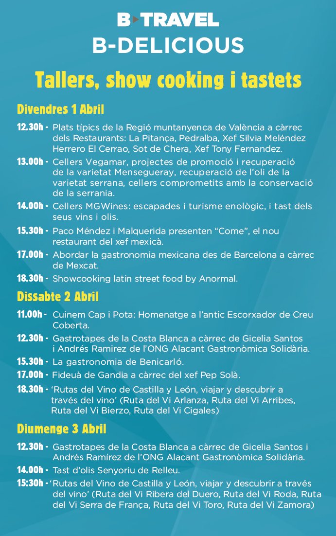 femcuinetes's tweet photo. Torna el #BDelicious l'oferta gastronòmica del #BTravel
1, 2 i 3 abril a la pl. de l'Univers (Fira Barcelona)
Enguany, el País Valencià i els seus arrossos en són els protagonistes.
Pots comprar la teva entrada a
👇
https://t.co/OR1j3P872k https://t.co/kvtrQB4Ot6