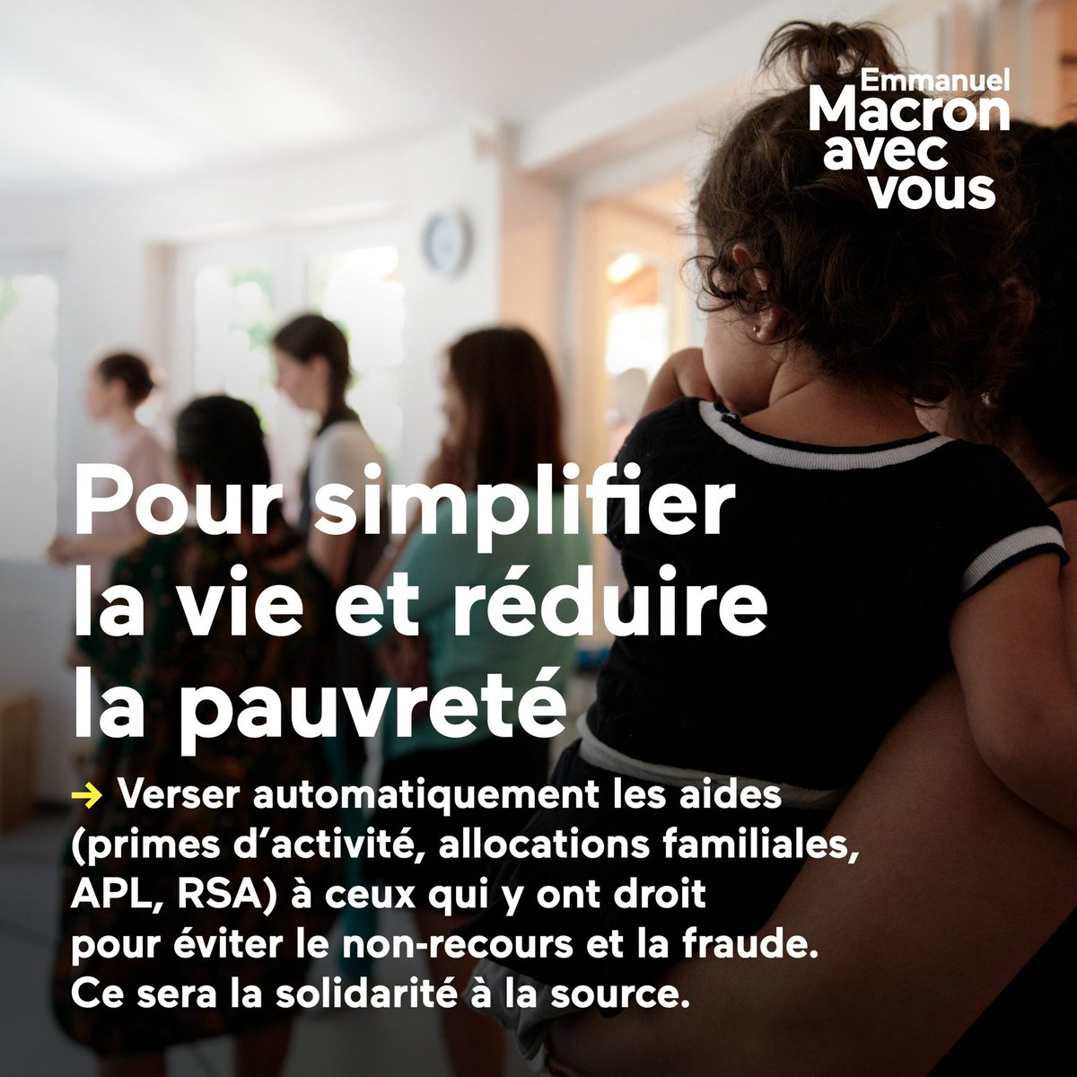 .<a href="/EmmanuelMacron/">Emmanuel Macron</a> s’engage à simplifier l'accès aux allocations en mettant en place la solidarité à la source, alors que 10Mds€ d'aides ne sont pas réclamées chaque année.
Cela permettra de lutter contre le non-recours en versant automatiquement des aides (APL, RSA …) #avecvous