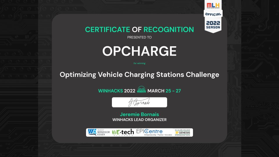 Team OpCharge has developed a tool that can help <a href="/_investwe/">Invest WindsorEssex</a> boost the #Automobility captial of Canada - congrats on winning the Optimizing Vehicle Charging Stations Challenge!