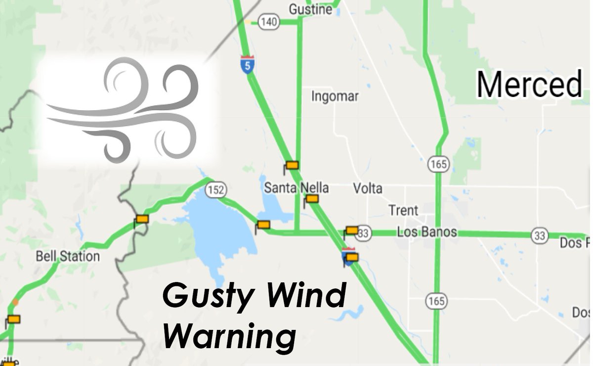 CaltransDist10's tweet photo. Our friends at the National Weather Service #NWSBayArea have issued a gusty winds warning affecting the West Merced area, SR 152, through #PachecoPass today and Monday. Please drive carefully. For current road conditions visit https://t.co/sgfT029CXE. https://t.co/CSbEZiMmXV