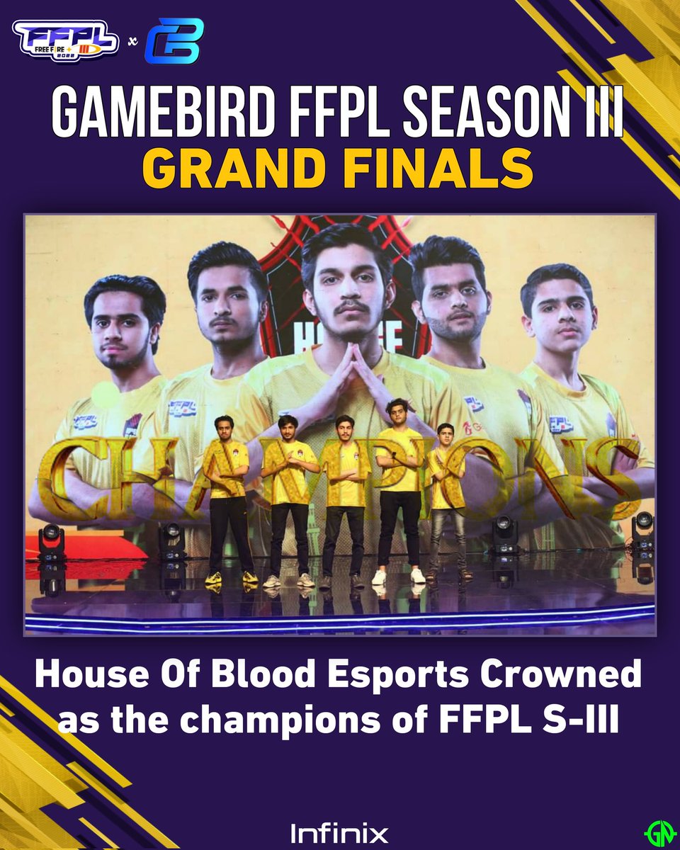 gamingnewspk's tweet photo. Congratulations the new CHAMPION of PAKISTAN - House Of Blood Esports!!! 🏆🏆🏆
#FFPL #FFPL2703 #GameBirdFFPLIII #GameBirdGG #FreeFirePakistan #gamingnewspk #esports #pakistan https://t.co/6cc54NfiO6