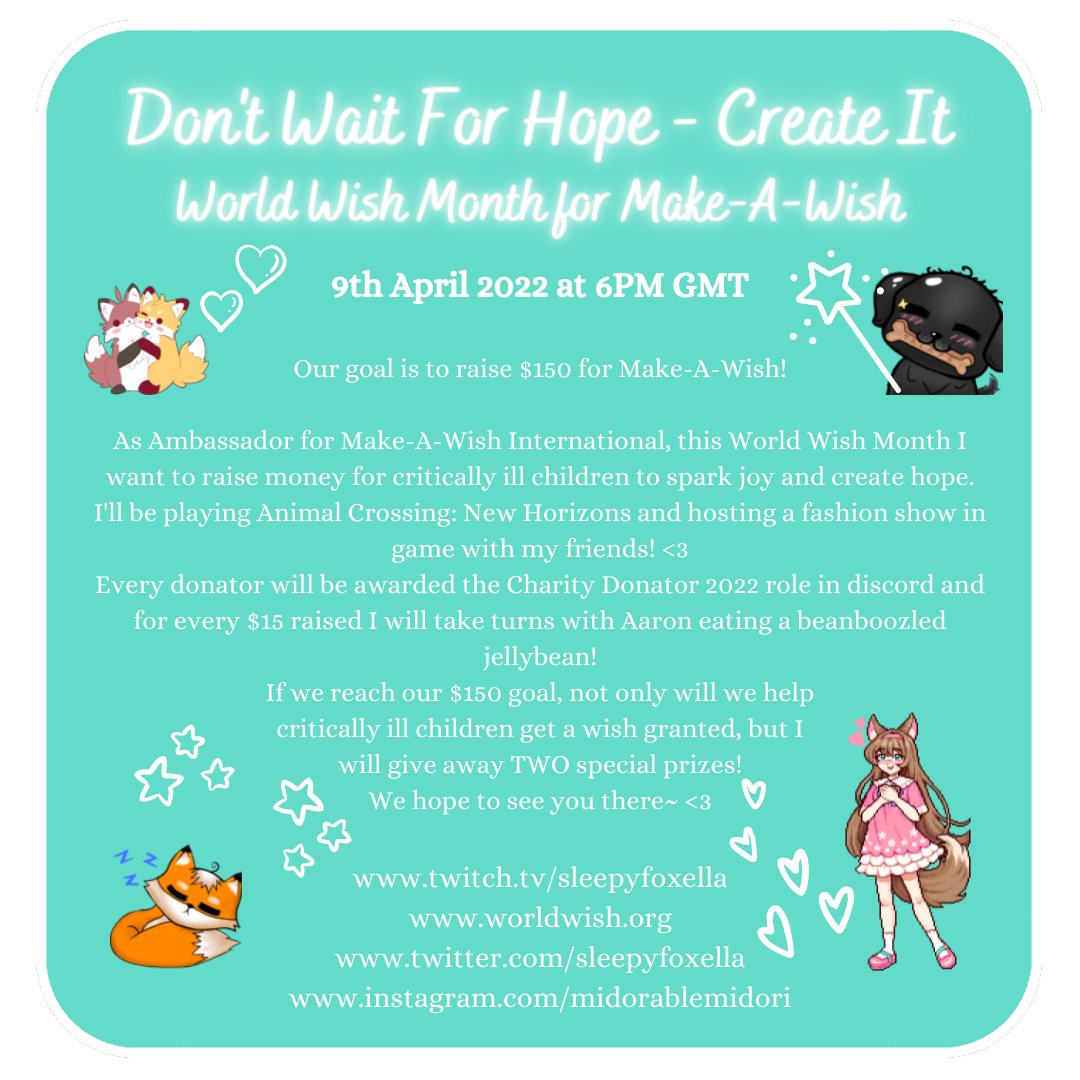 sleepyfoxella's tweet photo. April is #WorldWishMonth for @MakeAWishIntl! I'll be hosting an #AnimalCrossing Fashion Show with friends: animatesavannah, @cakepleaase, @faetalflower, @KimikoAi_art, @RyokoShadow, @erooo_21 and @TjWeiss24! Plus giveaways, beanboozled and more! #makeawish #streamftw #charity https://t.co/EClUkLfIj2