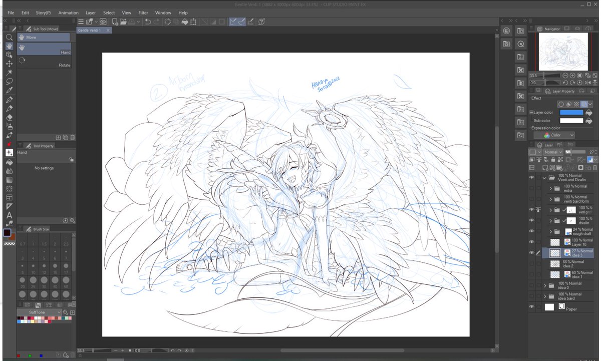 hanayo_sora's tweet photo. My first entry for the #Venti fanart contest in #GenshinImpact ! I drew Venti in both his God form and Bard form. (I'll post his bard form shortly ^^)
I'm also including some work-in-progress screenshots. This picture took two and a half days to complete! https://t.co/TNGUU2PvYu