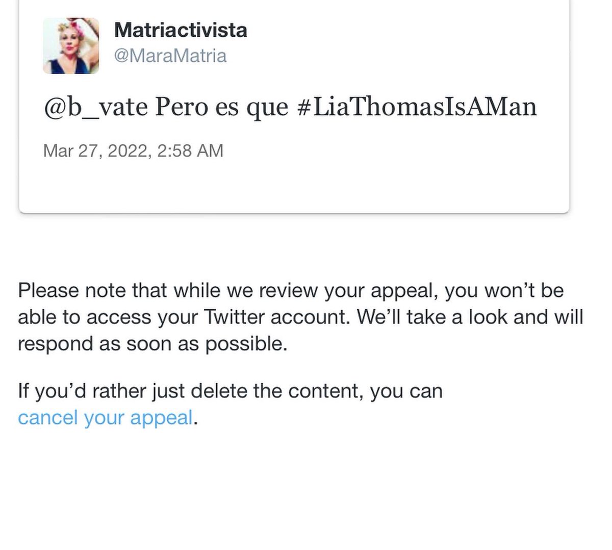 mapofwomen's tweet photo. @millihill @Belstaffie @ForthFeminists @StandingforXX @DarcyWAHF @MairiJCam @PianoDentist86 @MForstater This is Matriactivista I have been punished and my appeal has not been accepted. I will continue to state what I see and believe. And I want sex to be a category protected too! https://t.co/w4JVBmsQ7z
