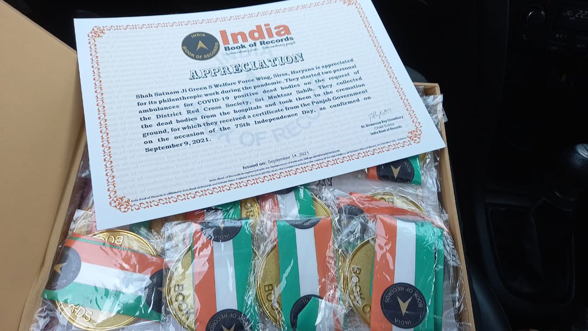 GreenSwelfares's tweet photo. For starting two ambulance services during the pandemic to carry Covid-19 positive dead bodies, Shah Satnam Ji Green S Welfare Force Wing bagged the @indiabookrecord. Their efforts are inspired by Saint Dr. @Gurmeetramrahim Singh Ji Insan! https://t.co/nsXFcuvty8