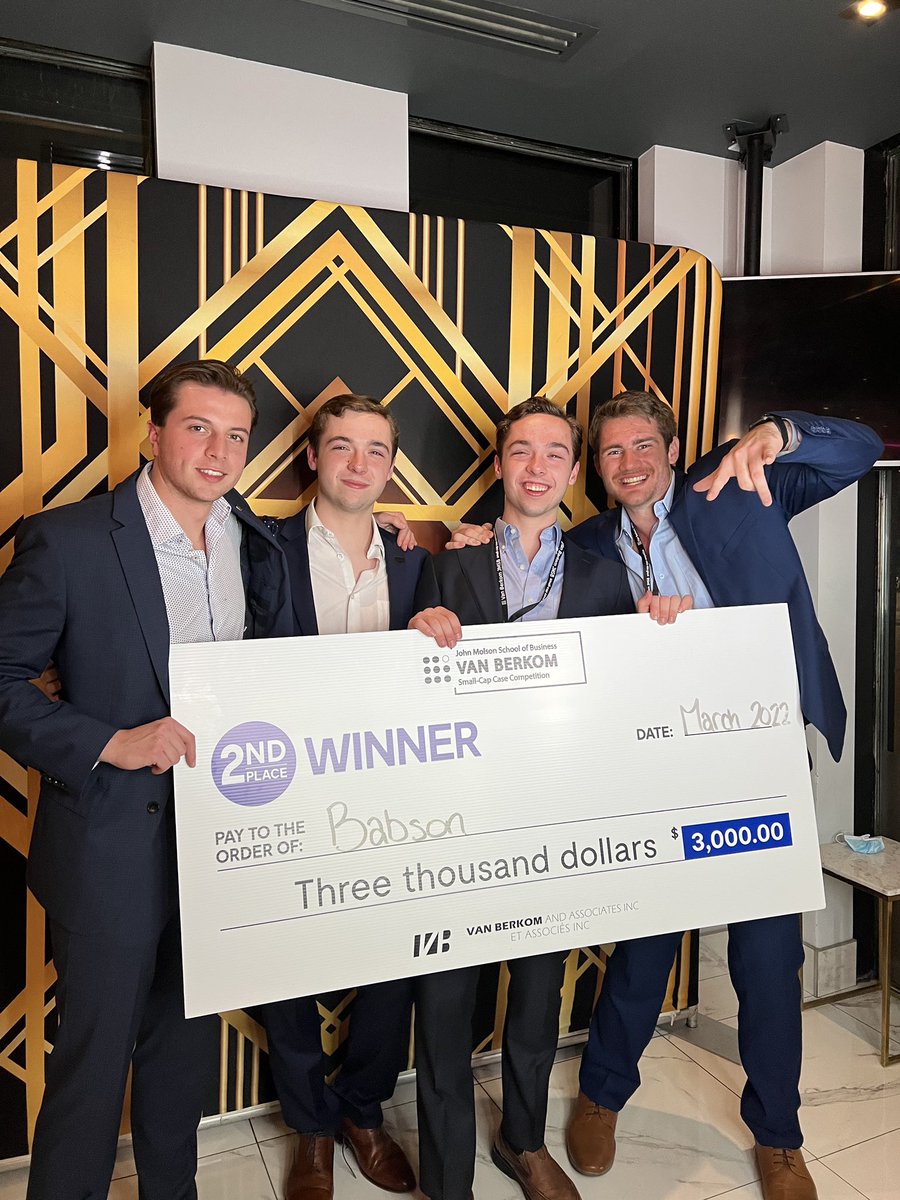 Team <a href="/babson/">Babson College</a> placed second at the Van Berkom John Molson Small-Cap Case Competition this weekend in Montreal 🏆

Congrats to Tyson Corner ‘22, Gabriel Papa ‘23, Nathan Watts ‘23 &amp; Ryan Watts ‘23