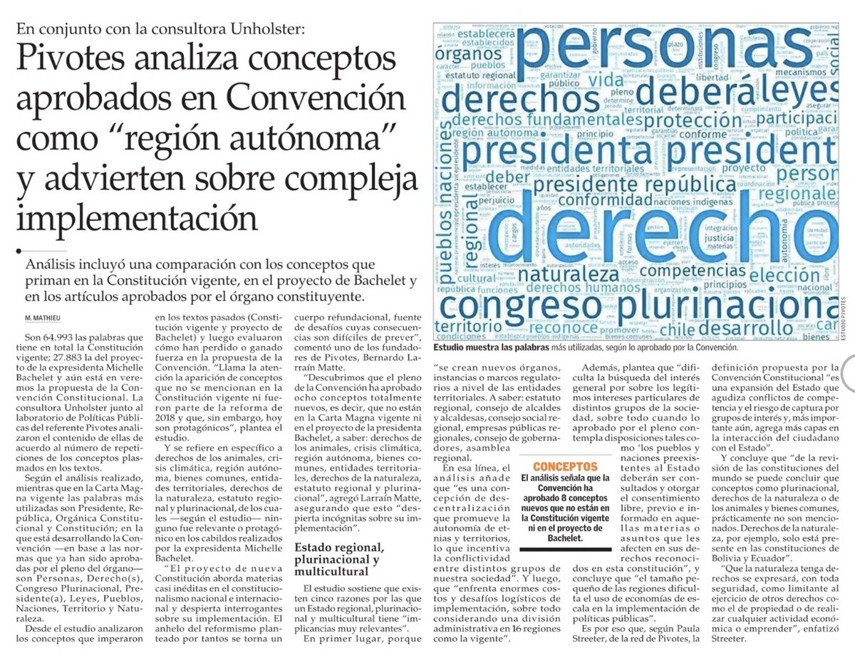 Pivotes_cl's tweet photo. Hoy @Pivotes_cl en @ElMercurio_cl · 8 conceptos nuevos incluye el pleno de la @convencioncl que no están en la Carta Magna actual ni en el proyecto de reforma constitucional presentado por @mbachelet, ¿qué implicancias tienen?

👉 https://t.co/PJL4F849d5 https://t.co/JbhQI3Cj3b