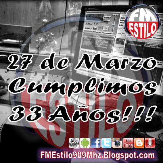 HOY 27 de Marzo de 2022 cumplimos un nuevo aniversario de FM Estilo 90.9Mhz, llegamos a los 33! Si 33 años de hacerte compañía con música, palabras, con una mano solidaria, siempre junto a los vecinos, a los amigos, a los oyentes.
FM Estilo 90.9Mhz - Mucho más que buena música!
