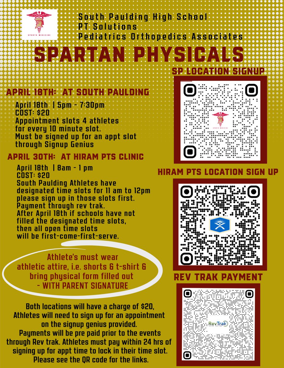 SpSportsmed's tweet photo. Spartan Physical Day's Poster info! Registration and payment methods are now open and live! Please see QR codes for links!! https://t.co/sbyMSaKBIB
